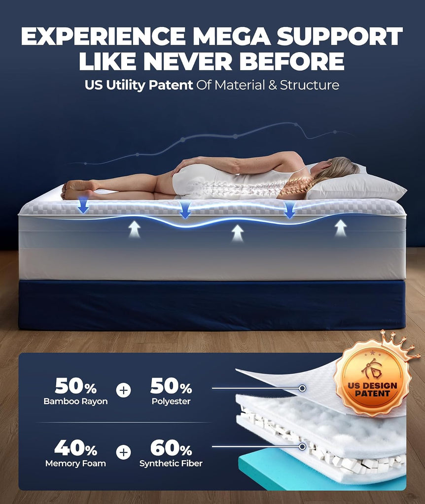 5 Inch Mega Support Memory Foam Full Size Mattress Topper for Pressure Relief, Dual Layer 2.5" Pillow Top Full