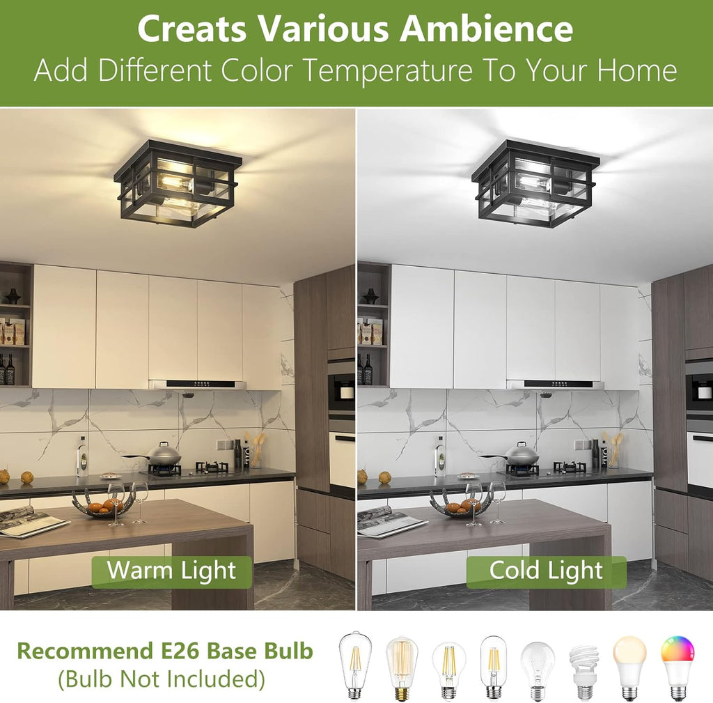 Modern Outdoor Ceiling Light Fixtures, 2-Light Black Flush Mount Light Fixtures with Clear Glass Shade