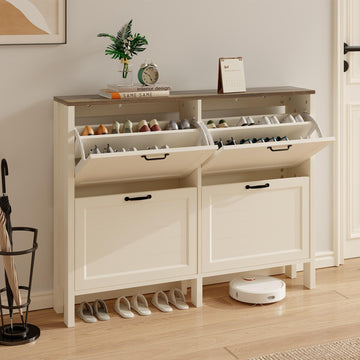 Shoe Cabinet with 4 Flip Drawers, Narrow Shoe Storage Cabinet, Freestanding Shoe Cabinet Organizer, Hidden Shoe Rack