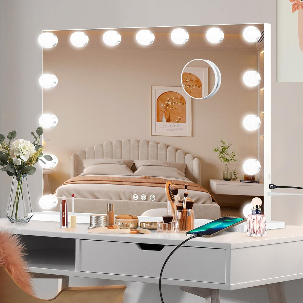 Vanity Mirror with Lights, Hollywood Lighted Makeup Mirror with 15 Dimmable Bulbs and 10X Magnification, 3 Colors