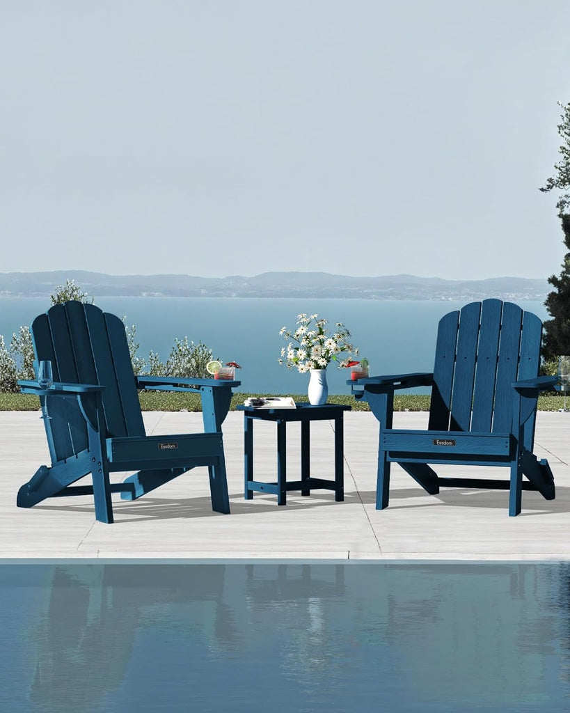 Folding Adirondack Chair, All-Weather HDPE Patio Chair with 2 Cup Holders | Wide Armrest, Wood Grain, Oversized