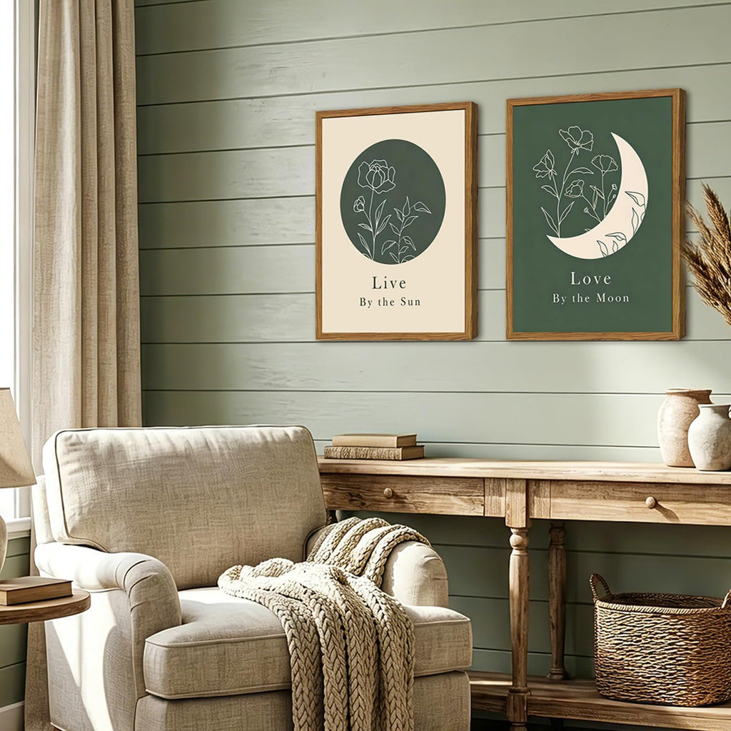 Framed Boho Sun and Moon Wall Art Set of 2, Sage Green Floral Line Pictures Wall Decor, Minimalist Quotes Paintings