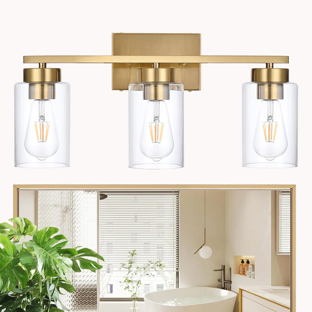 3-Light Bathroom Vanity Light, Modern Brushed Gold Wall Lights with Clear Glass Shades, Bathroom Wall Sconce Lamp for