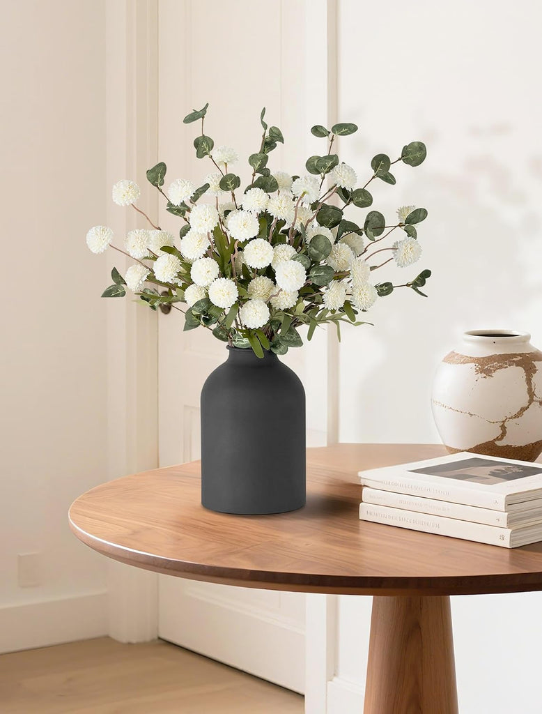 Fake Mum Flowers in Vase, White Dining Table Centerpiece Decor | With Metal Vase 12 Stems of Artificial Mums