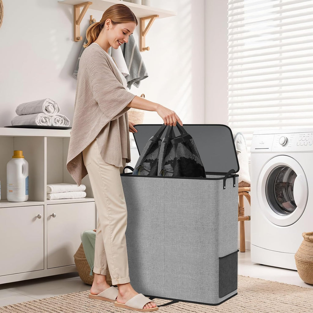 136L 2 Section Laundry Hamper with Lid, Laundry Basket, Gray | Large Laundry Hampers with Reinforced Handles &