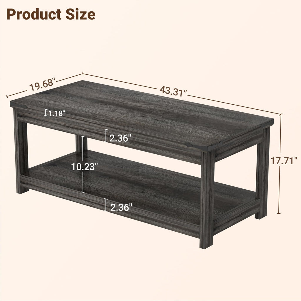 43.3" Farmhouse Coffee Table with Storage Shelf, Rustic Brown