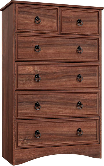 Dresser Tall, Mid Century Modern 6 Drawer Dresser, Cherry Wood Chest od Drawer with Large Storage for Clothes, Vintage