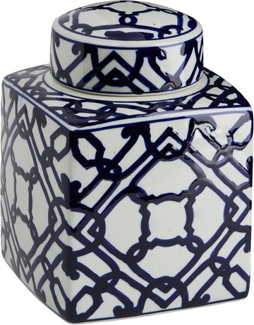 Decorative Square Ceramic Ginger Jar with Lid, Blue and White Geometric Fretwork
