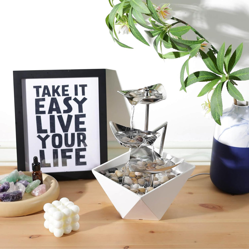 Tabletop Water Fountain Indoor - Handcrafted 3-Tier Waterfall 304 Metal Easy "+" "-" On/Off Switch, Quiet Pump, Zen