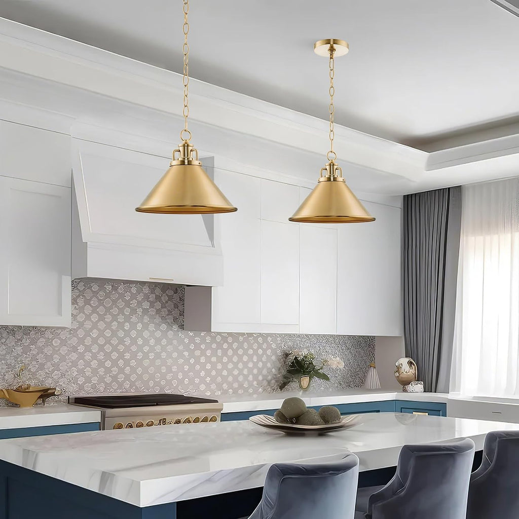 Romine 12" Modern Gold Pendant Light with Cone Metal Shade, Mid-Century Gold Hanging Light, Cool Brass Finish