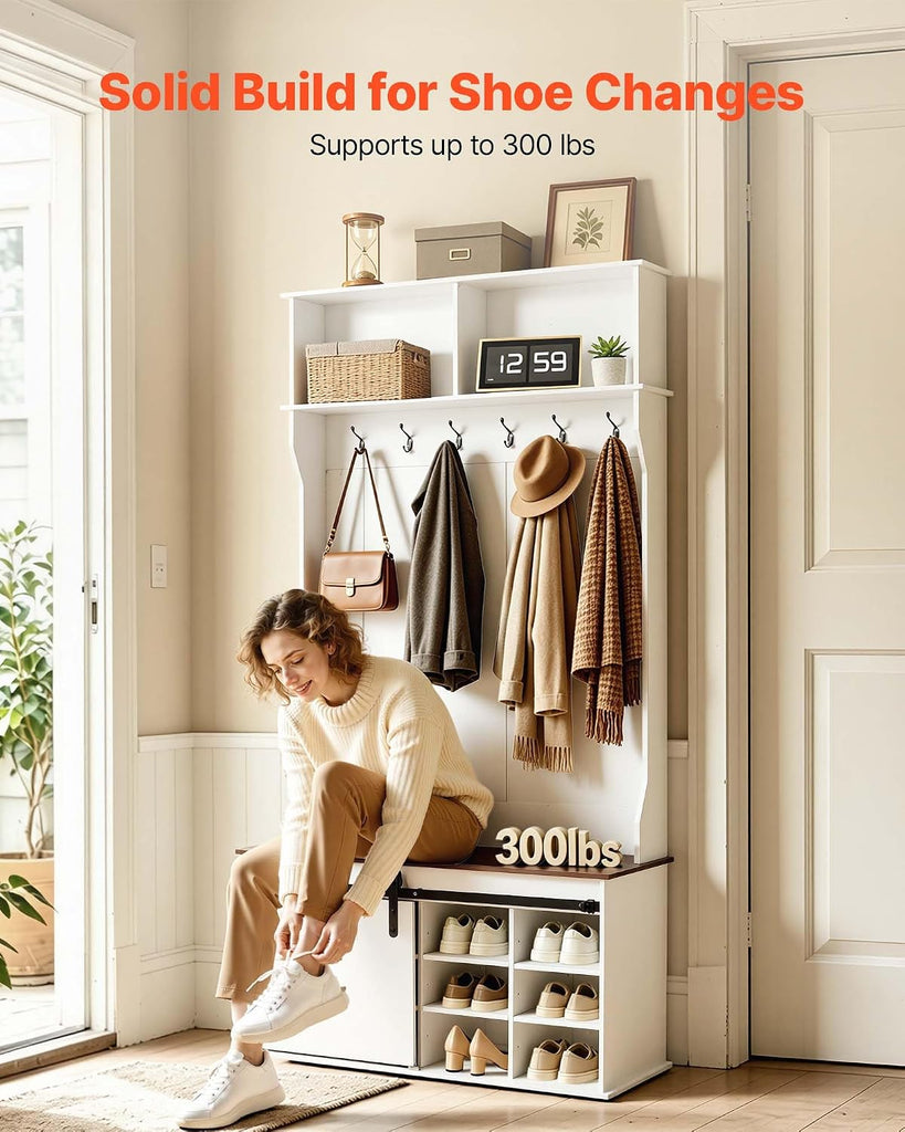 Hall Tree with Bench and Shoe Storage, 42" Wide, Entryway Hall Tree with Bench, Hanging Hooks, Storage Shelves
