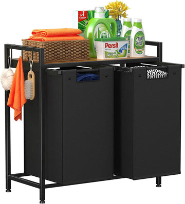 Double Laundry Hamper, Large Portable Laundry Basket, Laundry Sorter with Top Shelf and 2 Bag with Handle for Folding