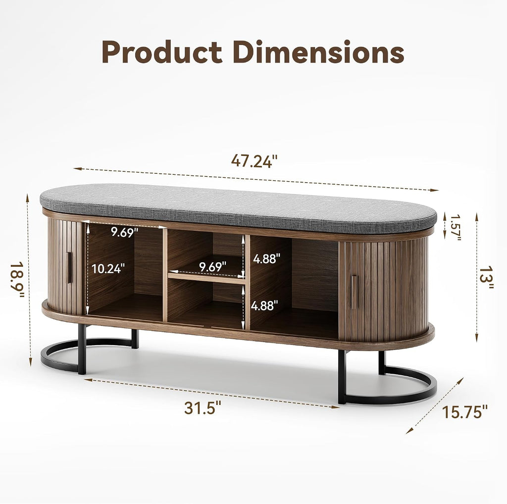 Shoe Storage Bench with Cushion and Sliding Doors, 47.2 Inch Shoe Bench with Storage, Freestanding Entryway Bench