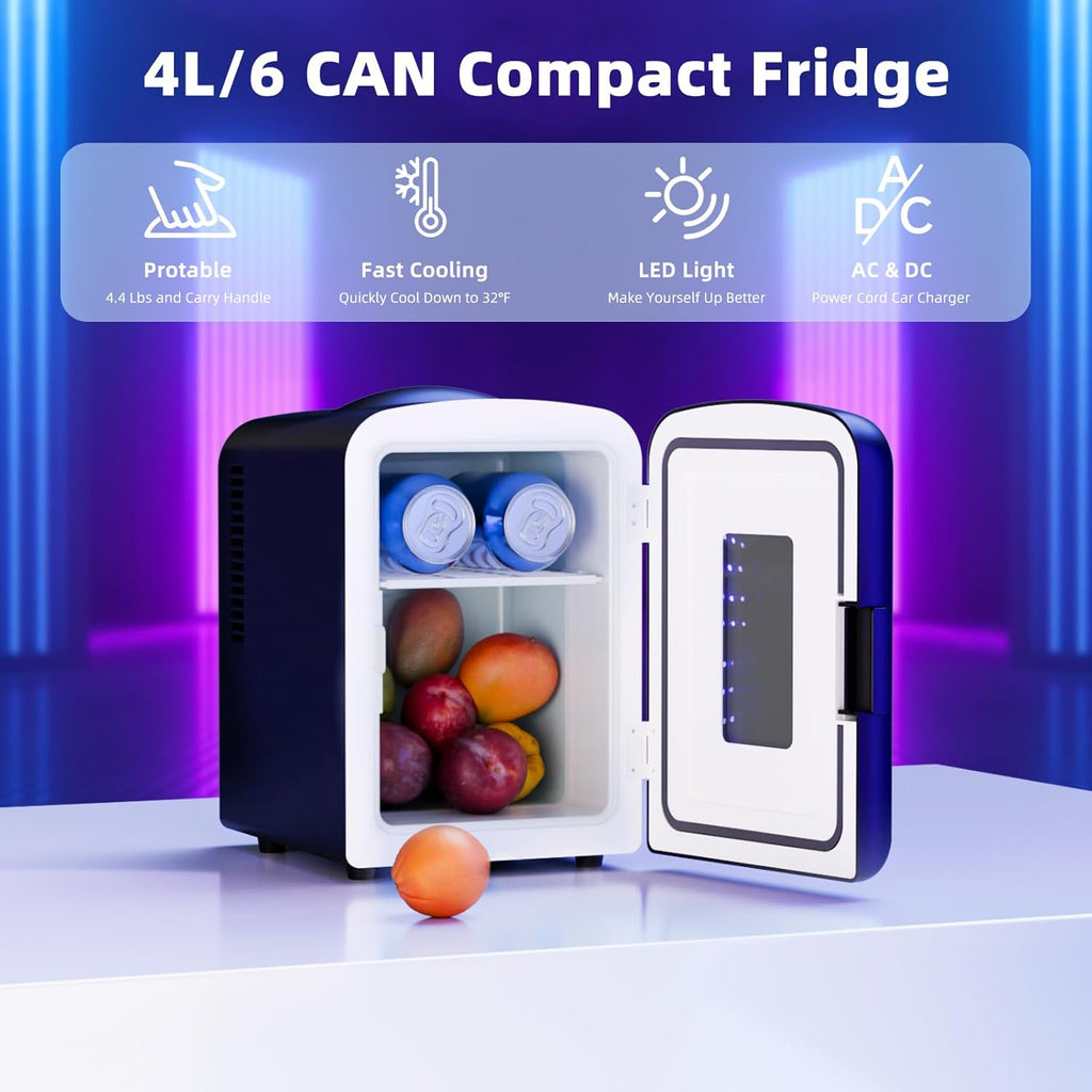 Mini Fridge 4 Liter/6 Cans Portable Mini Compact Refrigerator with Gaming Light, for Bedroom,Car,Office and Dorm