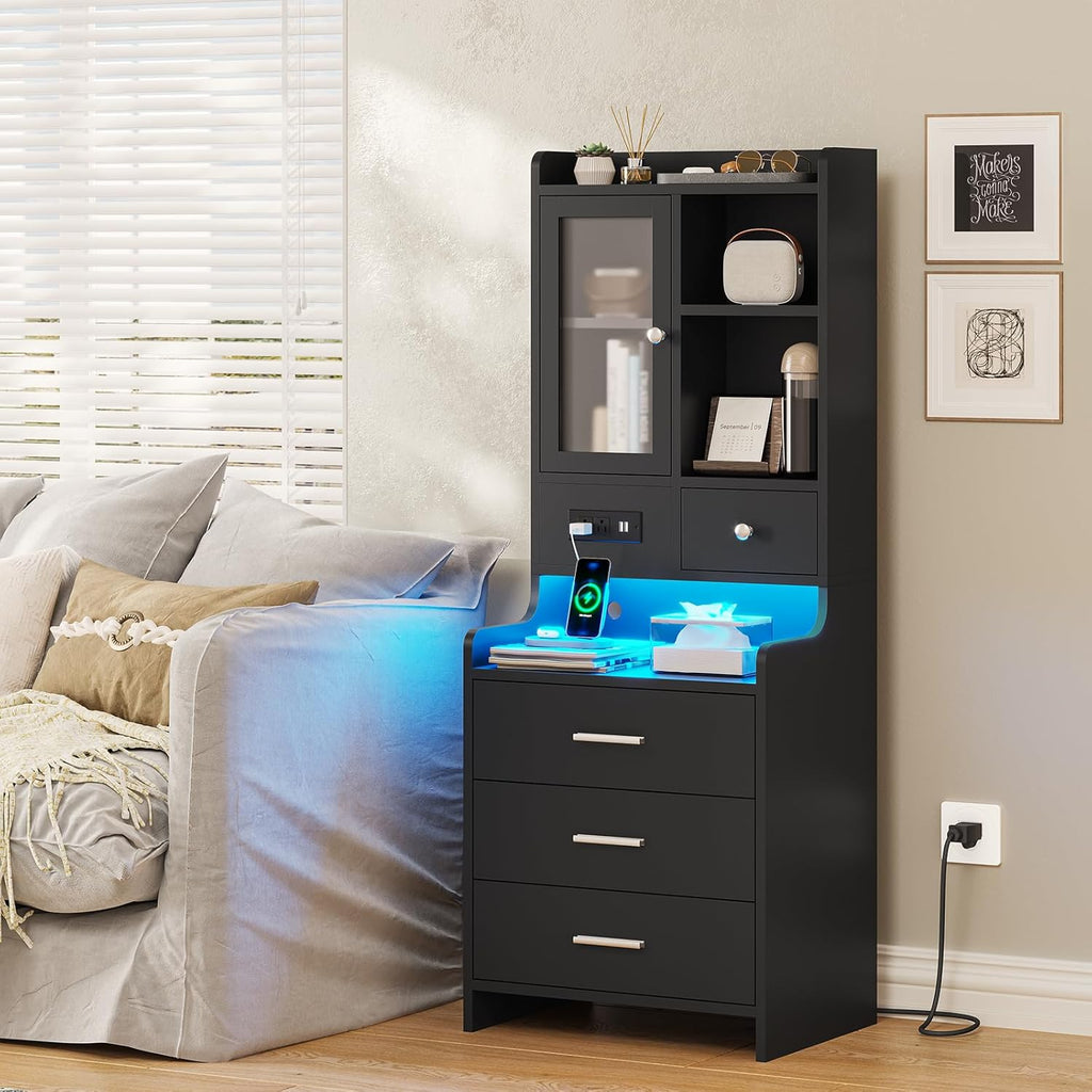Tall Night Stand with Charging Station and LED Lights,49.2" Nightstand with Bookshelf, Black Bedside Table with