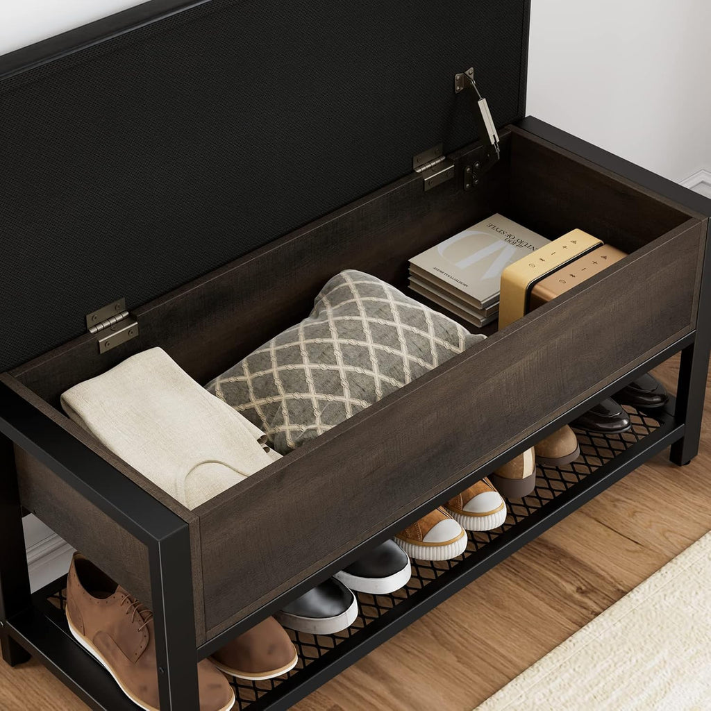 40" W Storage Bench, Entryway Shoe Bench with Cushion, Dark Brown | Wood Metal Bench with Flip-Open Hidden Storage