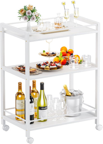 White Bar Cart, Home Bar Serving Cart, Kitchen Trolley on Wheels with Storage, 3 Tier Rolling Beverage Cart Kitchen