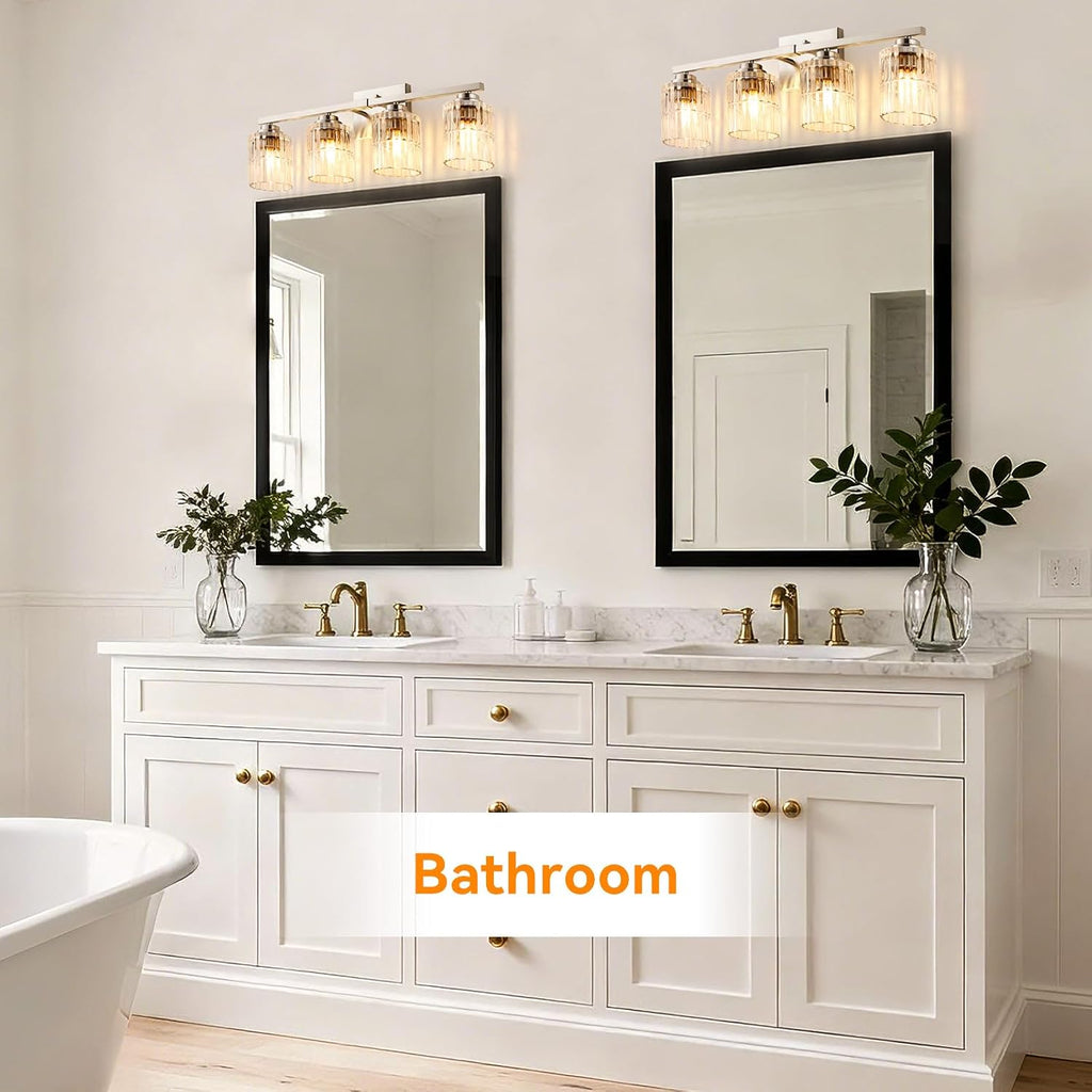 Nickel 4Light Bathroom Vanity Light with Fluted Cylinder Glass Shade | Modern Vanity Lighting Fixtures, Bathroom