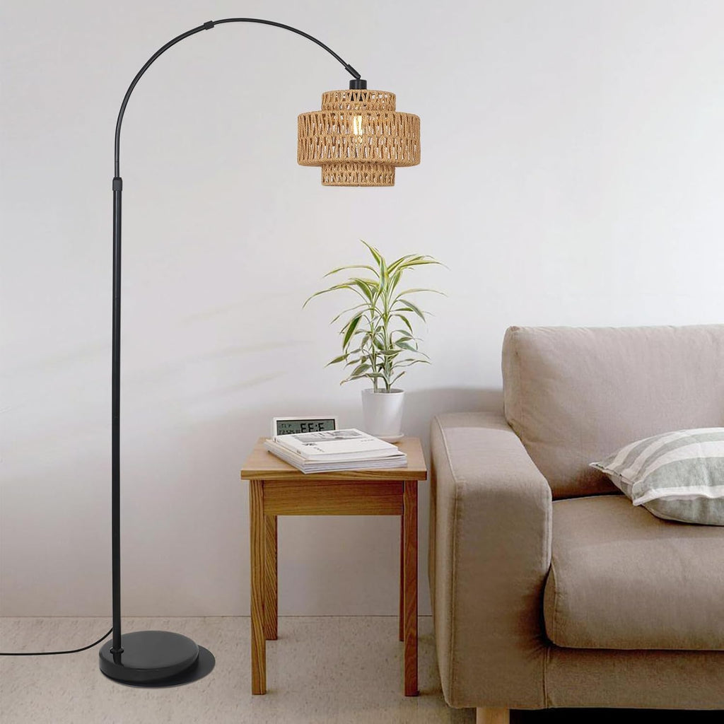 Arc Floor Lamp, Boho Rattan Floor Lamp with Remote, Black Standing Lamp with Dimmable Blub Timer