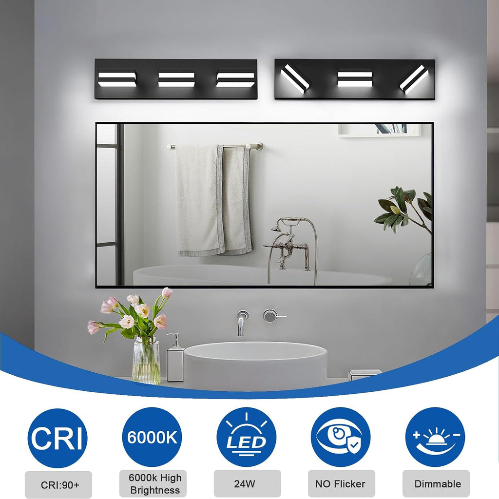 LED Modern Bathroom Lights Fixtures(3-Light,Dimmable,360°Rotate),Matte Black Acrylic Wall Lighting,Vanity Lights Over
