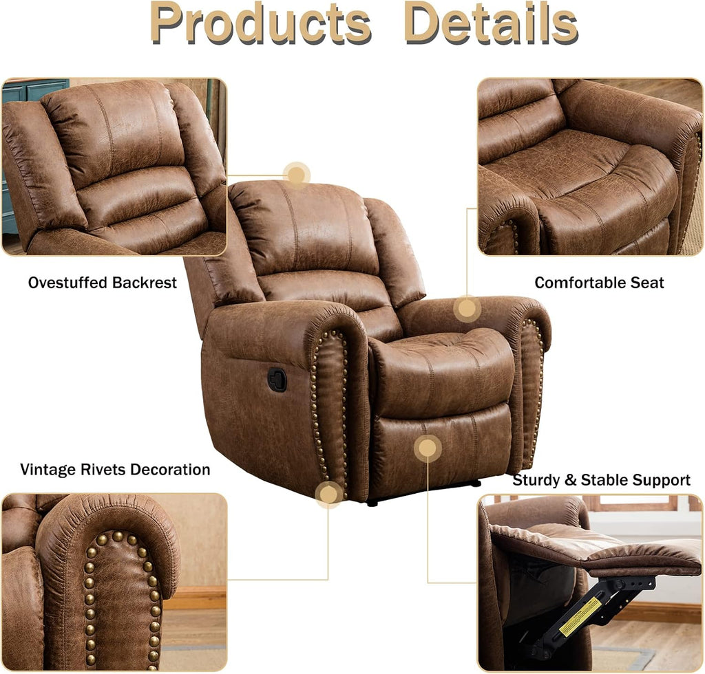 Leather Recliner Chair, Classic and Traditional Manual Recliner Chair with Comfortable Arms and Back Single Sofa