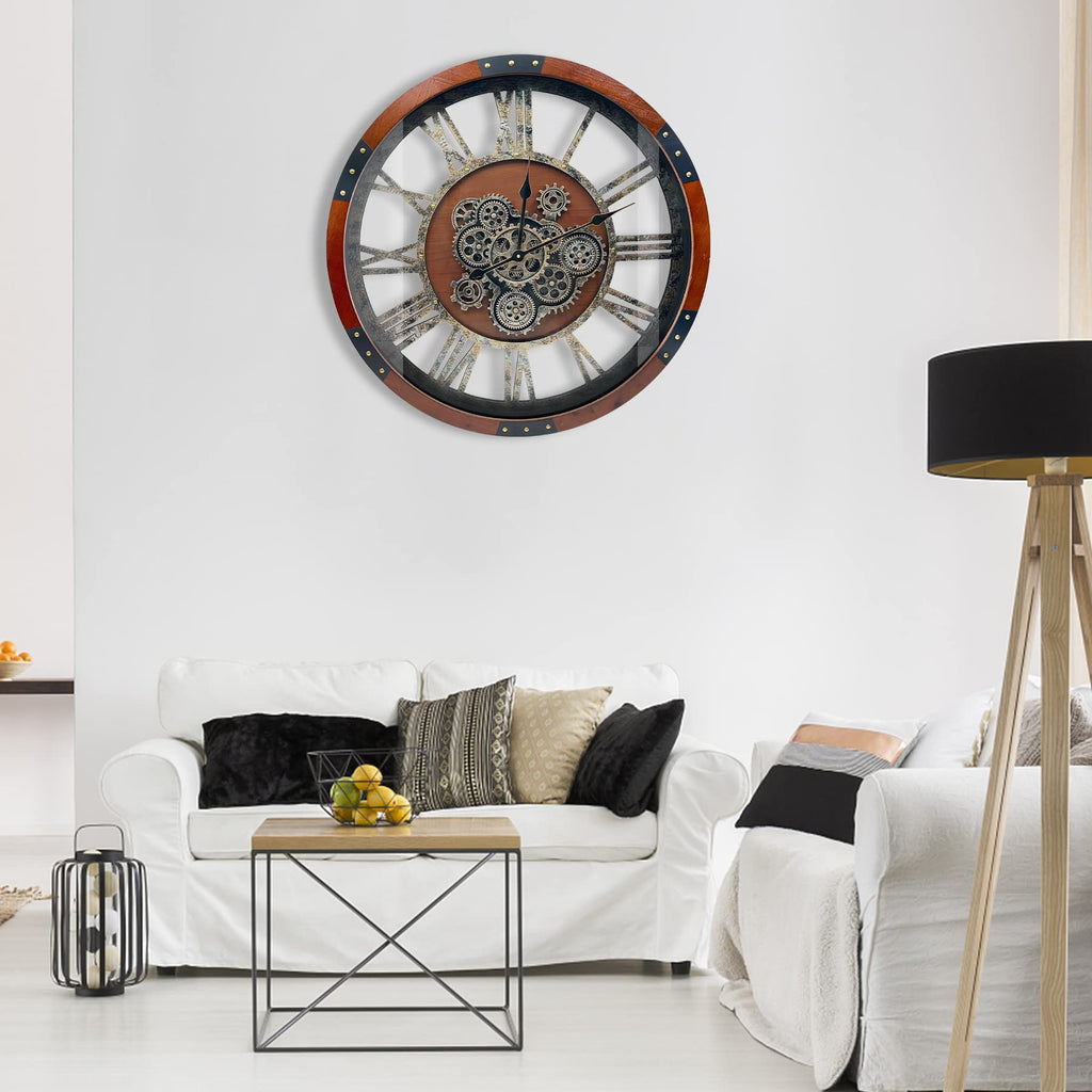 27" Original Moving Gears Wall Clock, Large Industrial Wall Clock Decor, Retro Metal Wood Vintage Farmhouse Steampunk