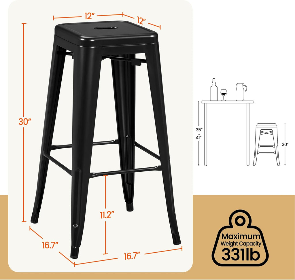 30 Inch Metal Bar Stools Set of 4, Bar Height Backless Bartools, Industrial Stackable Bar Chairs