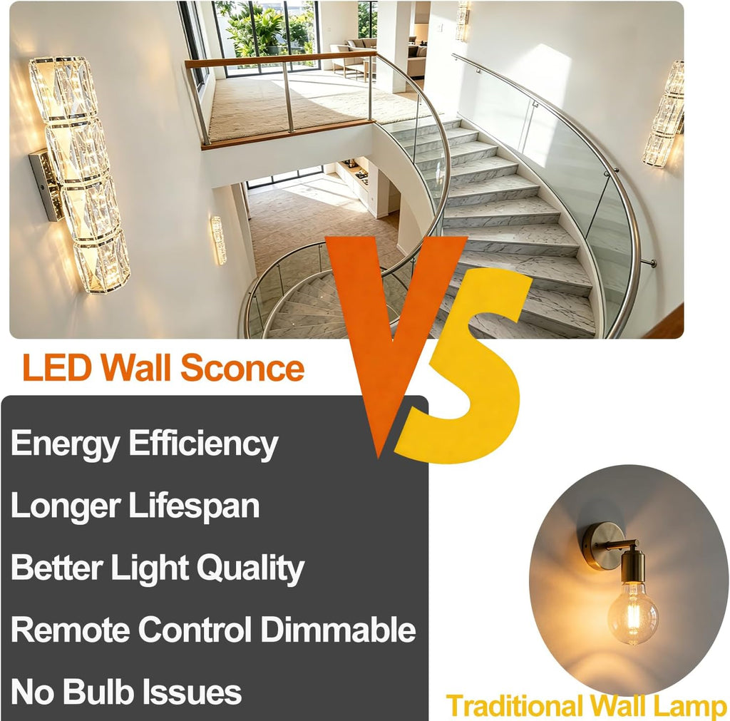Luxury Chrome Crystal Wall Sconces, Modern Indoor Dimmable Wall Light Fixture with Remote Control, LED K9 Crystal