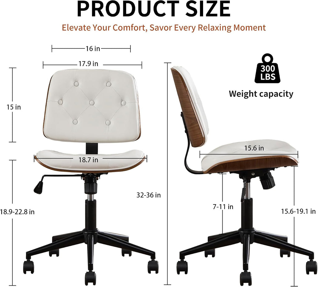 Small Home - Armless Mid Back Desk Chair with 360° Swivel and Wheels, PU Upholstered Height Adjustable Modern Walnut