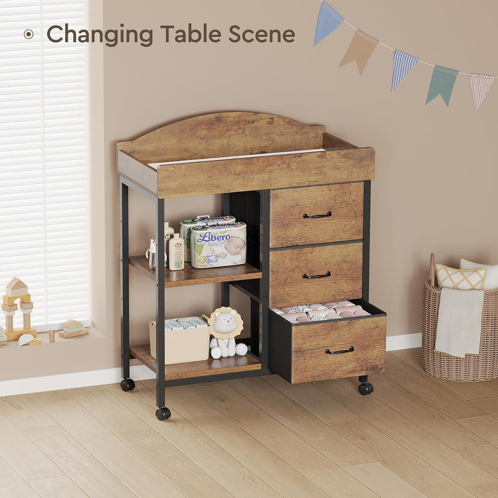 Changing Table, 3 Drawers&2 Shelves, Changing Table Dresser, Brown | Baby Changing Table,Waterproof Diaper pad &