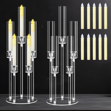 2 Sets 5 Arms Acrylic Candelabra Centerpieces for Tables, 27" Clear Candle Holder,Candlesticks Holder with LED Candles
