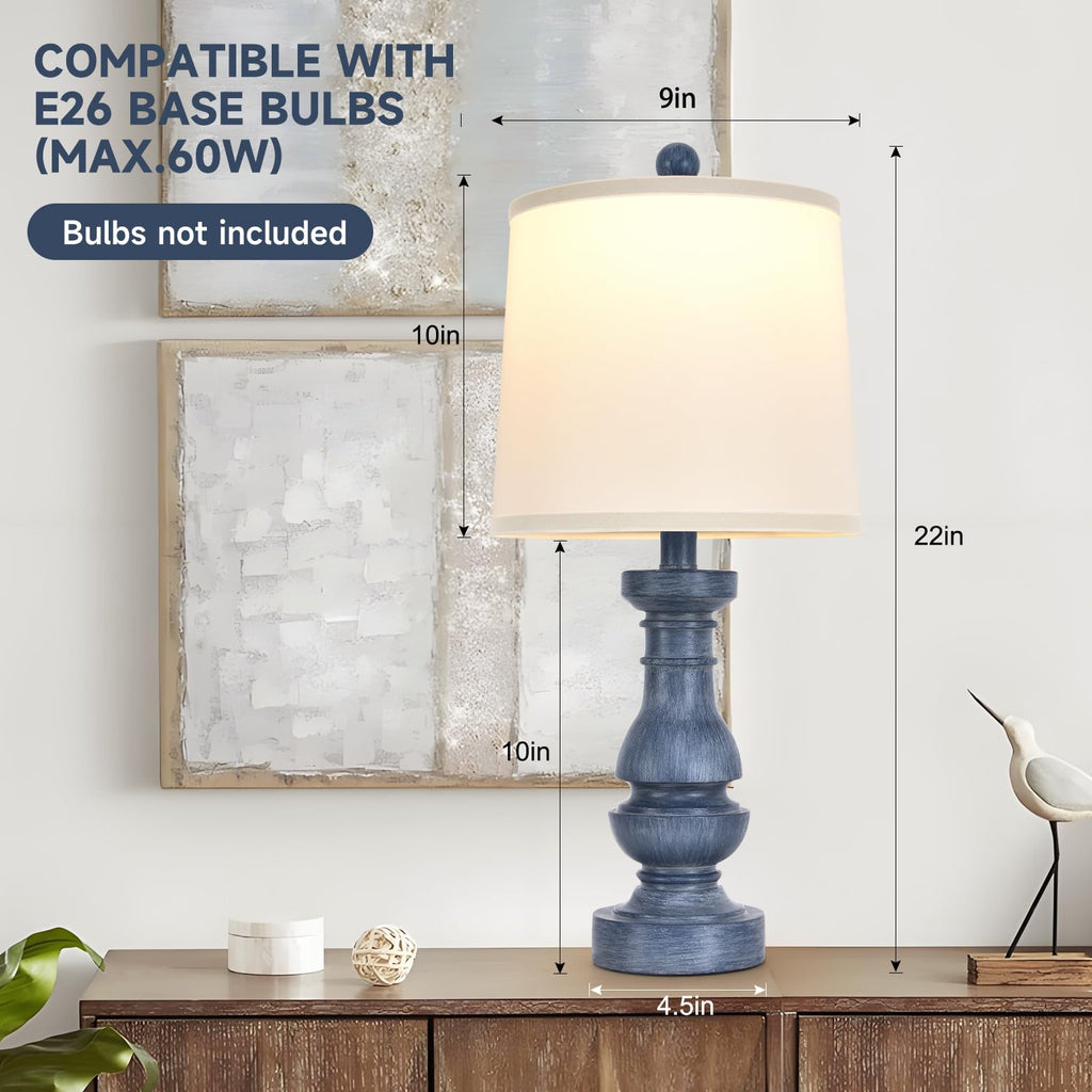 2 Pack Distressed Blue Resin Table Lamps, 22" Rustic Farmhouse Bedside Lamps with White Fabric Shades Living Room