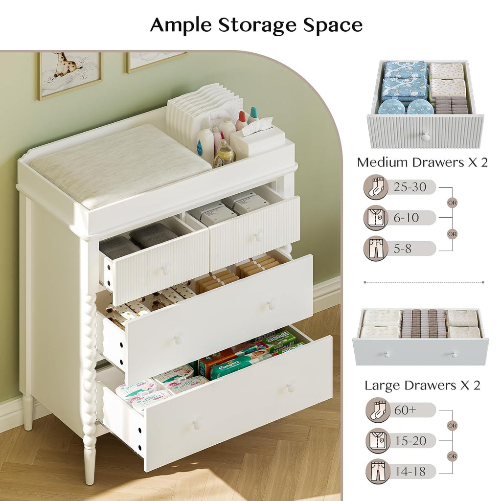 White Nursery Dresser with Changing Table, 4 Drawers for Storage | Jenny Lind Spindle Style Dresser and Removable