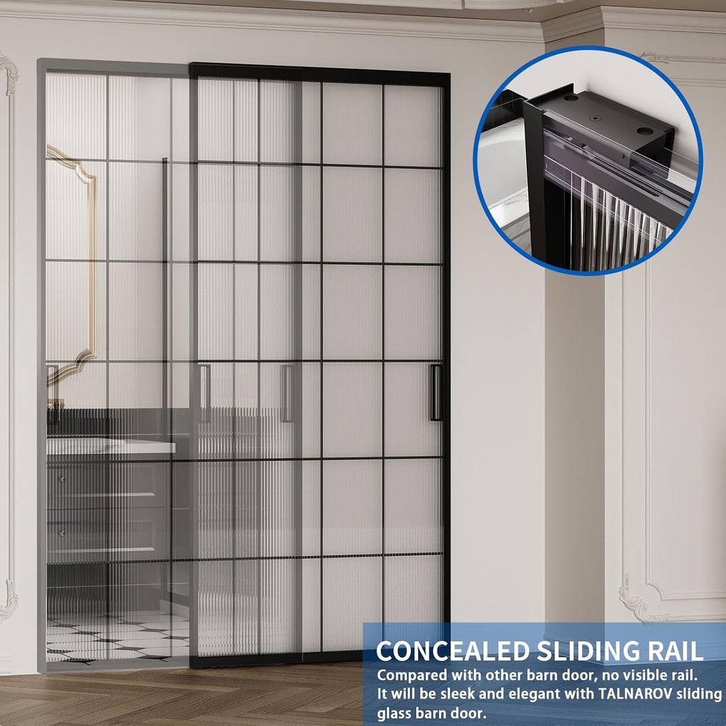 40" x 87" Fluted Glass Barn Door, Concealed Sliding Barn Door with Soft Close, Waterproof Modern Sliding Door for Bathroom/Kitchen Privacy, 5/16"(8mm) Tempered Glass, Fits 28"-36"W x 72"-85"H, Black