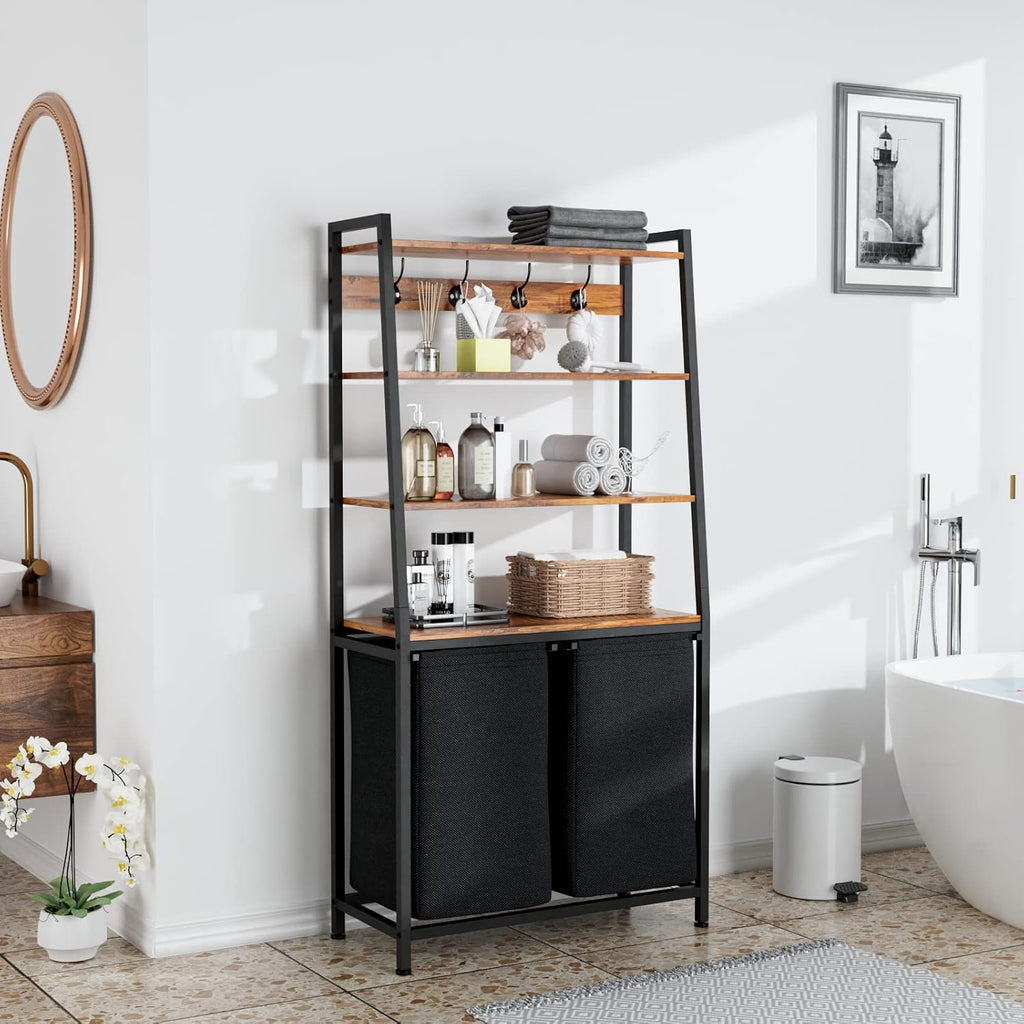 Laundry Hamper with Shelf, Tall Laundry Basket Clothes Hampers | 4 Tiers Storage Shelf and Hooks, Double Clothes