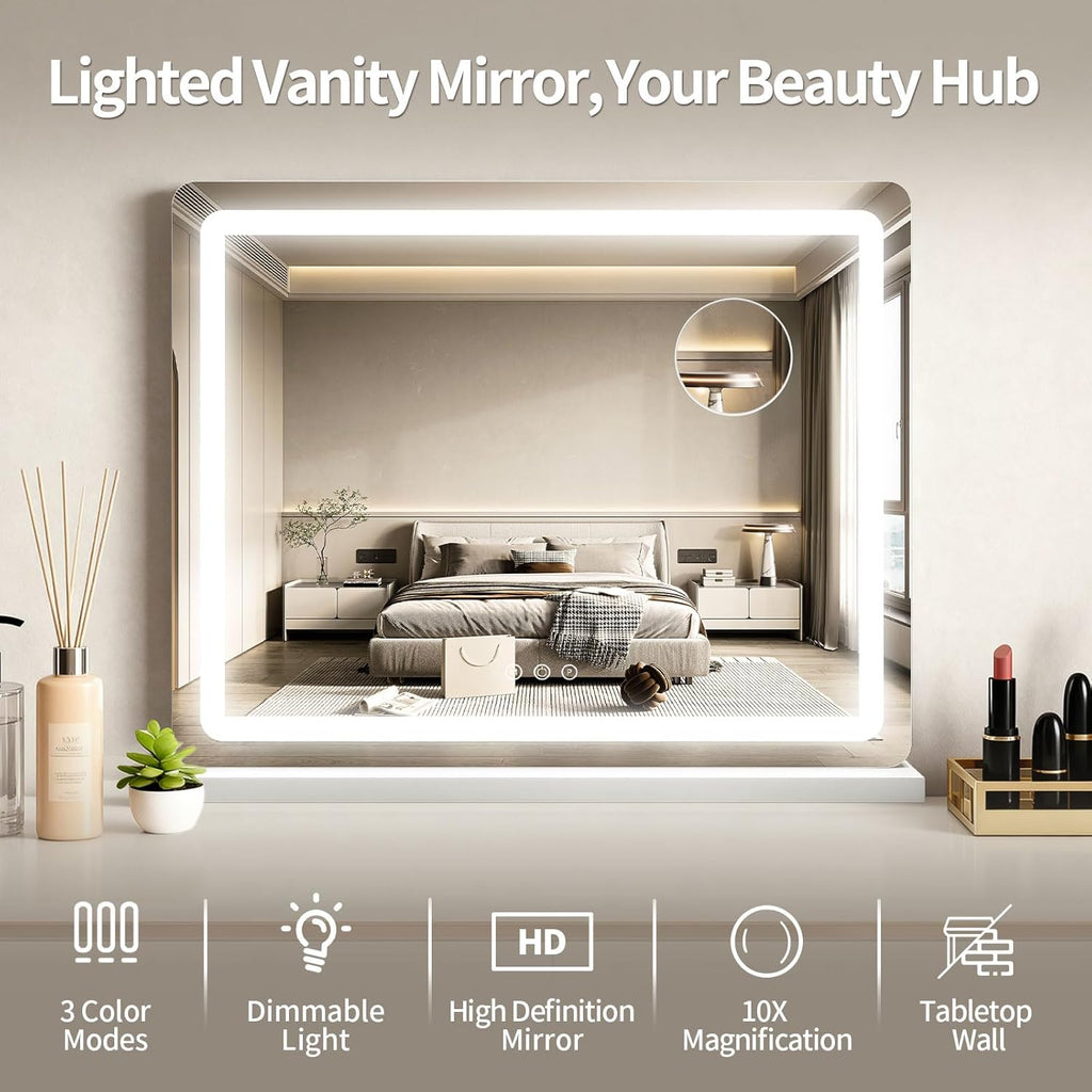 23"x 18" Large Vanity Mirror with Lights, LED Makeup Mirror for Dresser and Desk, 10X Magnification, Dimmable Touch