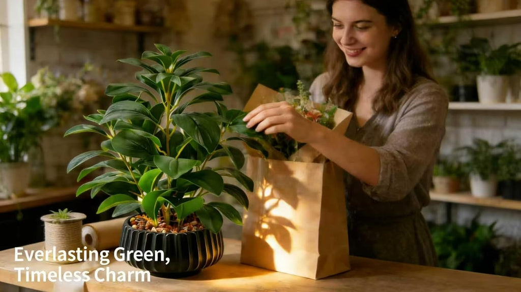 16" Artificial Peperomia Potted Plant in Black Ribbed Ceramic Planter Realistic Faux Green Leaves Tabletop Branches