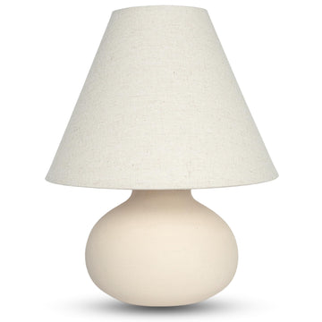 11" Small Table Lamp - Handmade Round Ceramic Cream Base with Off-White Fabric Shade, Dimmable Plug-in Nightstand or