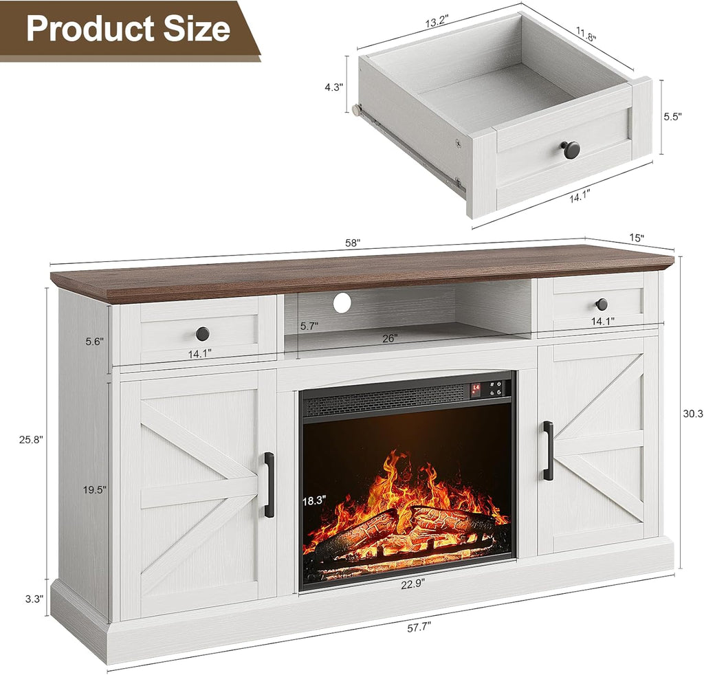 Farmhouse Fireplace TV Stand with 23 Inch Electric Fireplace, Entertainment Center for TVs up to 70 Inches, Media Console with Drawers, Antique White