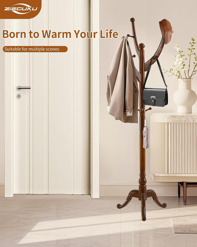 Wooden Coat Rack Freestanding, Solid Wood Coat Rack Stand with 13 Hooks, Mid-Century Modern Heavy Duty Coat