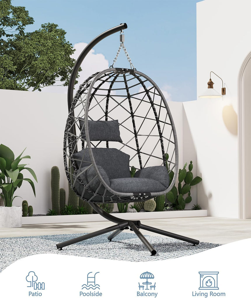 Hanging Egg Chair with Stand, Outdoor Indoor Rattan Wicker Egg Swing Chair with Cushion, Heavy Duty Patio Hammock