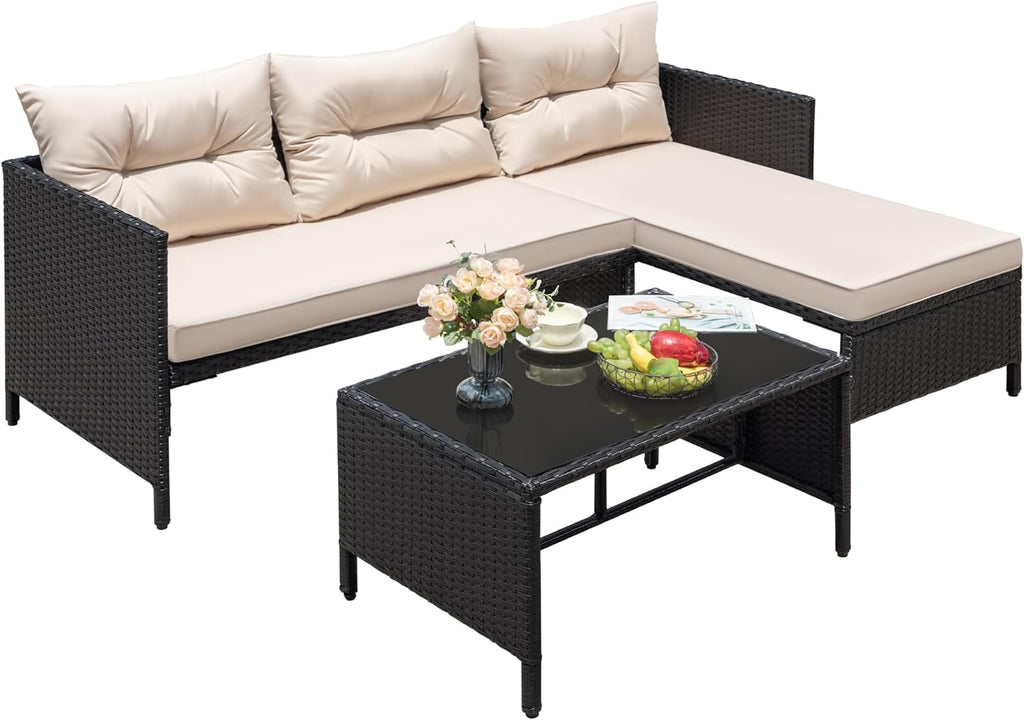 3 Piece Patio Furniture Set Outdoor Wicker Rattan Sectional Sofa with Cushions & Coffee Table for Yard, Garden