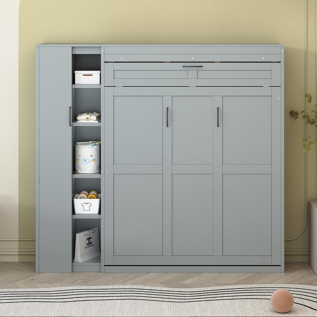 Full Murphy Bed Wall Bed with Shelves, Drawers and LED Lights,Gray