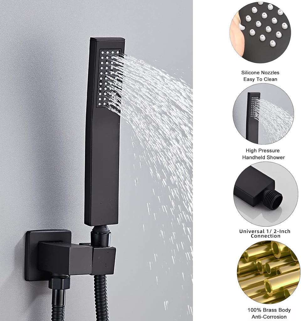 Black square hand shower head, handheld shower head with hose,brass High pressure flushing With adjustable water