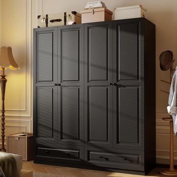 Armoire Wardrobe Closet with Drawers: 74" Black Tall Wardrobe Cabinet with Hanging Rod, Wooden Closet with 4 Doors