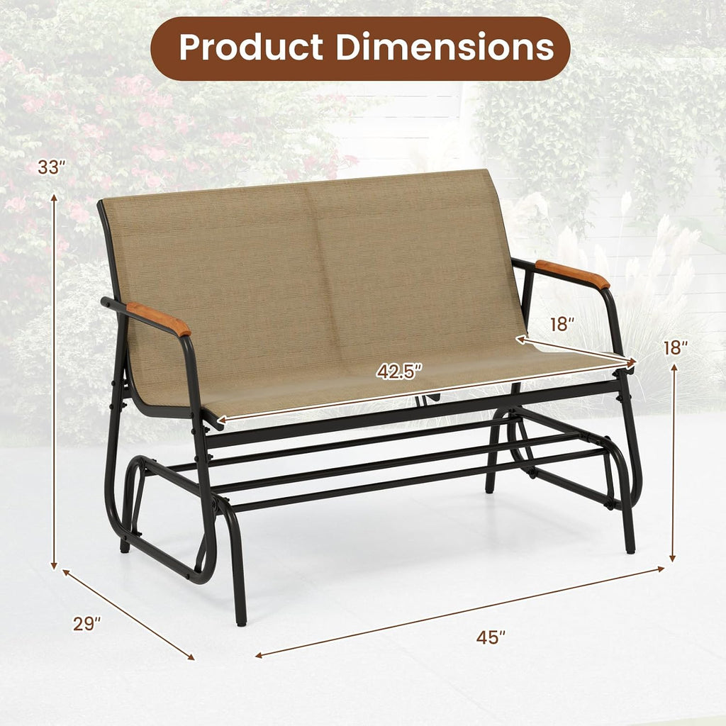 Patio Glider Bench, 2-Person Swing Gliding Loveseat with Curved Teak Armrests, Fabric Seat, Metal Frame, Load 660lbs