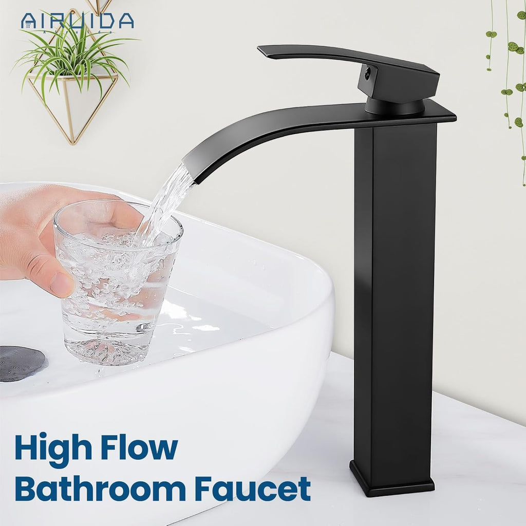 Vessel Sink Faucet, Tall Waterfall Bathroom Faucet, Single Handle One Hole Mixer Bowl Tap with Large Rectangular Spout
