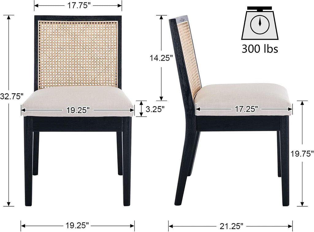 Upholstered Dining Chairs with Square Rattan Back, Armless Padded Linen Cream Cushion Dining Chairs with Wood Legs