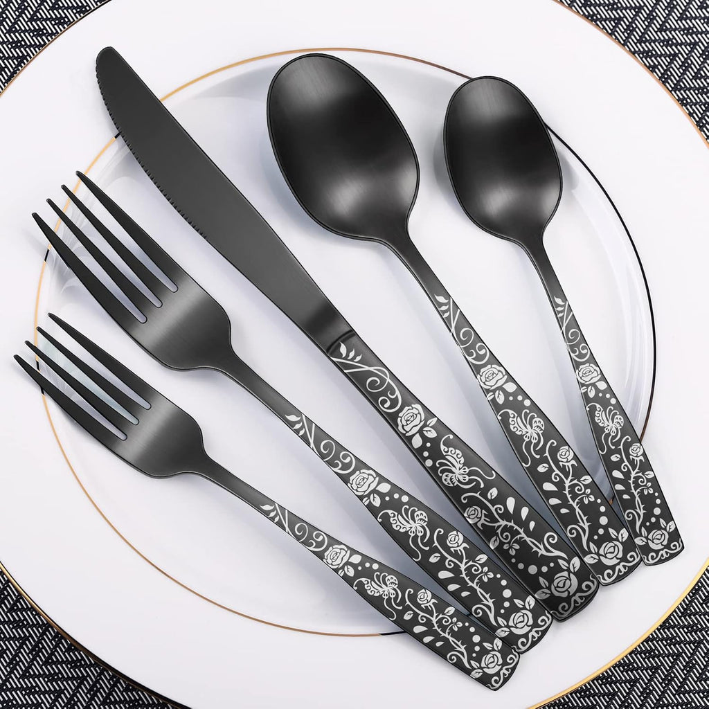 Matte Black Rose Flower Pattern Silverware Set for 8, 40-Piece Flatware set