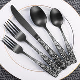 Matte Black Rose Flower Pattern Silverware Set for 8, 40-Piece Flatware set